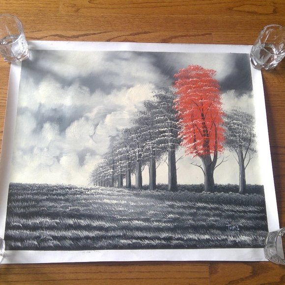 Oil Acrylic "Landscape of Trees" on Canvas Painting Shades of Gray and Red - Picture 3 of 15